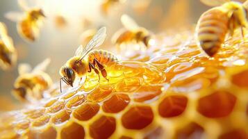 Honey bee working on honeycomb, surrounded by flying hive companions under bright sunlight photo