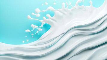 Creamy milk splashing, forming graceful arcs and droplets against bright blue surface photo