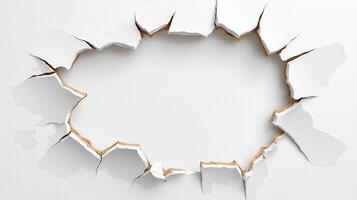 White surface breaking apart creating a hole with copy space, perfect for backgrounds and textured designs photo