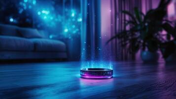 Futuristic smart ring showing glowing blue hologram lying on a wooden table with christmas lights in the background photo