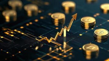 Gold coins resting on upward trending financial chart, symbolizing profitable investment strategy and economic prosperity photo