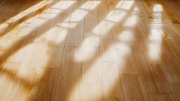 Sunlight streaming through window glass, creating delicate shadow patterns across gleaming hardwood flooring, radiating warm interior ambiance photo