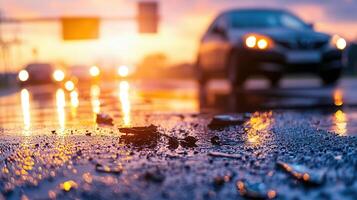 Shards of broken glass glistening in the golden hour light, reflecting the setting sun on wet asphalt after a car crash photo