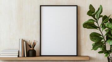 Minimalist interior design featuring an empty frame mockup, wooden shelf, plants, and books, creating a cozy and creative atmosphere photo