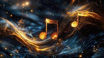 Golden music notes and a staff are floating on a sparkling background with bokeh effect, creating an abstract and magical atmosphere photo