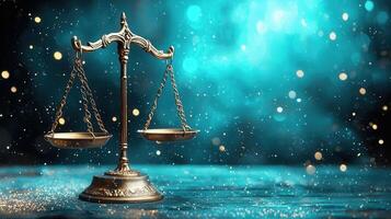 Silver scales of justice balancing on a reflective surface, representing legal concepts against a blue bokeh background photo