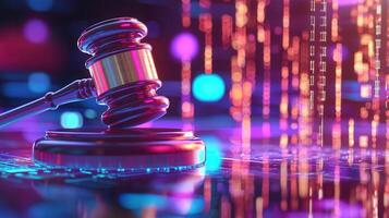 Digital green gavel lying on soundblock, representing futuristic legal technology, metaverse law, and virtual dispute resolution concept photo