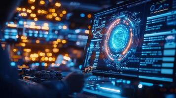 Quantum computing core processing data inside a transparent cylinder with neon light trails, robotic arm working in the background photo