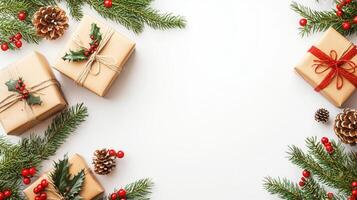 Holiday border featuring wrapped gifts, pine cones, red berries, and fir branches arranged elegantly against pristine white backdrop photo