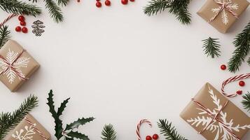 Festive holiday border featuring wrapped gifts, candy canes, red berries, and evergreen branches framing white seasonal background photo