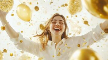 Euphoric young surprise winner event jumping surrounded by golden balloons and gift boxes, celebrating a joyful surprise with confetti and laughter woman background photo
