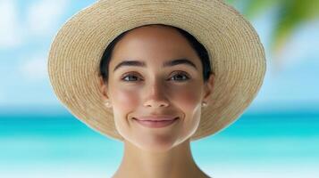 Young woman with straw hat smiling wearing palm tree leaves on a summer tropical beach under turquoise water ocean photo