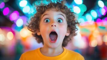 Close up Curly happy haired portrait child boy revealing wide surprise in eyes wonder, expressing pure amazement against blurred colorful background highlighting emotional surprise photo