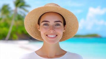 Young woman wearing straw hat smiling under palm tree leaves ocean a tropical beach with turquoise water on photo