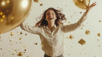 Euphoric young fun surprise winner woman jumping surrounded by golden balloons and gift confetti celebrating a joyful surprise with boxes, and laughter event background photo