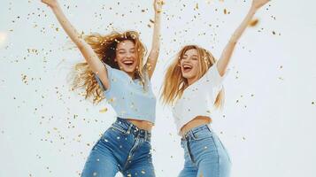 Two cheerful women dancing under falling golden confetti, celebrating special a occasion with joy and excitement photo
