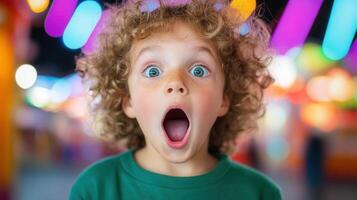 Close up of a surprised little boy with curly hair and wide open eyes expressing amazement and excitement with colorful bokeh lights in the background. photo