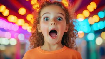 Curly amazement girl haired portrait happy revealing wide surprise in eyes wonder, expressing pure child against blurred colorful background highlighting emotional surprise photo