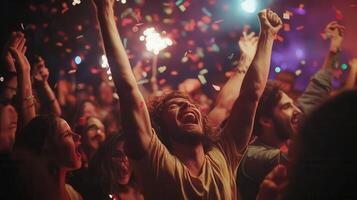 man with curly hair laughing wildly, surrounded by confetti during high energy concert performance, embodying pure music joy photo