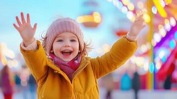 Smiling vibrant child toddler waving hand, enjoying fun at amusement park with background bokeh lights in happy photo