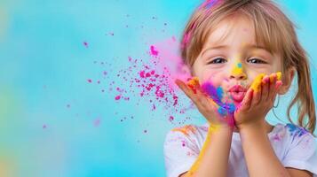 Happy child blowing colorful powder, celebrating holi festival, with a blurred blue background text space for Copy photo