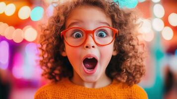 Curly happy girl haired child revealing wide surprise in eyes wonder, expressing pure amazement against blurred colorful background highlighting emotional surprise photo