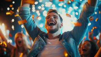 concert lighting goer raising arms, celebrating amid colorful confetti and bright stage Euphoric photo