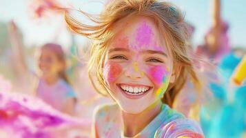 Young woman laughing and taking a selfie while covered in color powder during holi festival celebration party photo