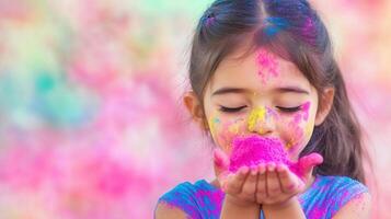 Happy child background colorful powder, celebrating holi blowing with a blurred festival, Copy space for text photo