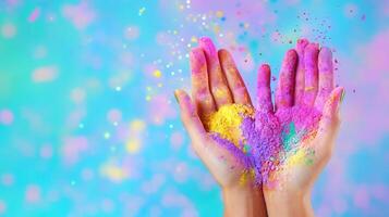 celebrating hands joyfully Woman holi, spreading bright powder from raised palms, generating colorful festival energy photo