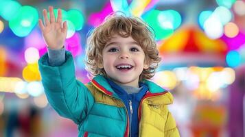 Smiling child toddler waving hand, enjoying fun at amusement park background vibrant bokeh lights in with photo