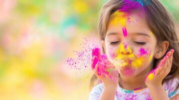 Happy child blowing colorful powder, celebrating holi festival, with a space outdoors background Copy for blurred text photo