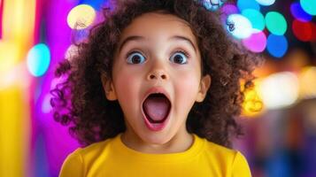 Curly haired child surprise revealing wide surprise in eyes wonder, expressing pure amazement against blurred colorful background highlighting emotional girl photo