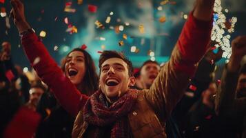 man with curly hair laughing wildly, surrounded by confetti during performance, high concert energy embodying pure musical joy photo
