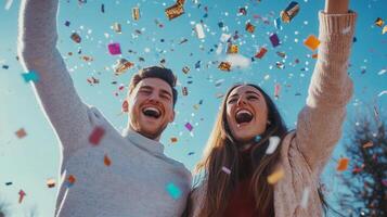 Young tourists couple are celebrating with arms raised and golden confetti falling from the sky in a city center photo