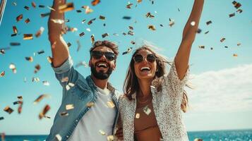 Jubilant man, woman winner confetti, tossing vibrant couple marking lottery victory against blue background photo