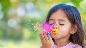 Happy child blowing blurred powder, celebrating holi festival, with a colorful green background photo