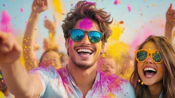 Happy tourists celebrating the holi festival, joyfully throwing vibrant colored powder into the creating and a lively atmosphere of fun air, excitement photo