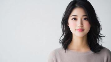 Portrait of beautiful with asian woman young clean skin care posing on a white background, looking calm and relaxed photo
