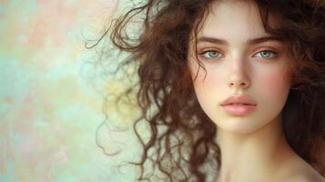 model posing, with freckles facial soft sunlight highlighting natural curly hair and delicate woman features Copy space for text photo