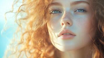 Redheaded model woman with freckles posing, soft sunlight highlighting natural curls and delicate facial features photo