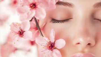 Close up beauty portrait of a young woman with closed eyes and pink flowers spring, representing wellness, purity, and natural cosmetics photo