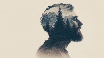Mountain space merging with human man silhouette, depicting inner wilderness, personal journey through tranquil snowcapped terrain Copy landscape for text photo