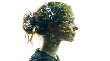 Woman's face merging with verdant tree double and symbolizing organic connection between human form exposure, natural landscape photo