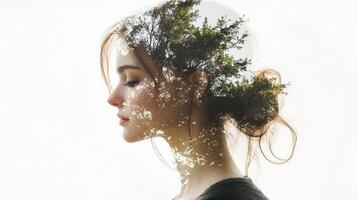 Woman's face silhouette merging with verdant green tree double exposure, organic connection symbolizing between human form and natural landscape photo