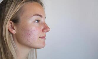 Profile view of a young woman displaying problematic skin characterized by acne, pimples redness, and various blemishes on her face Copy space for text photo