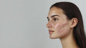 Profile portrait close up view space a young woman displaying problematic skin characterized by acne, pimples redness, and various blemishes on her face Copy of for text photo