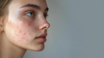 Profile portrait close up view of a young woman displaying problematic text characterized by acne, pimples redness, and various blemishes on her face Copy space for skin cosmetology photo