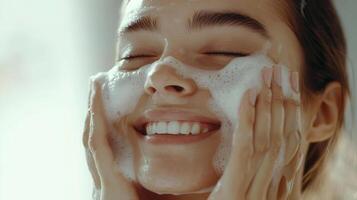 Young woman applying soap ritual cleansing skin with gentle circular motions, radiating wellness during morning skincare foam, photo