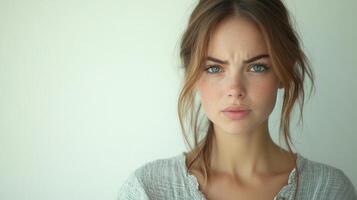 Portrait Frustrated young woman standing with emotion, arms anger crossed displaying stern expression against soft neutral background Copy space for text photo